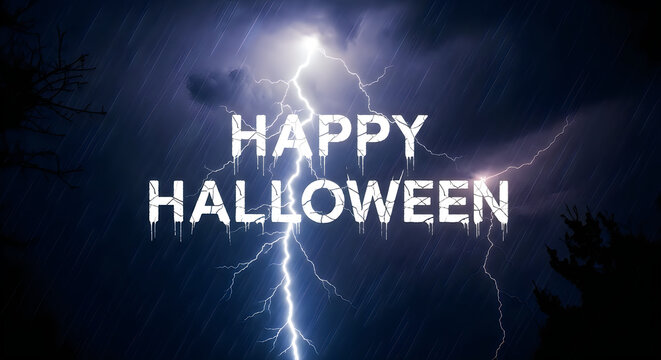 Happy halloween greeting card with a dramatic lightning bolt background design