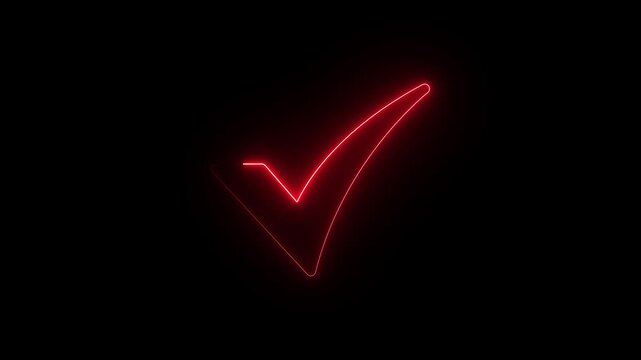 Red neon glowing check mark sign animation on black background, tick
