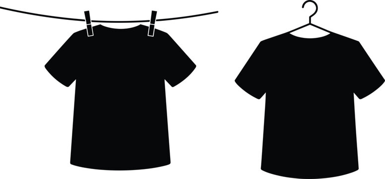 T-shirt template silhouette icons set, vector laundry line and clothes hanger apparel apparel mockup design