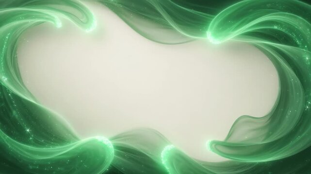 Emerald flowing light waves with sparkling accents, abstract style on a pale background, creating an elegant frame for text