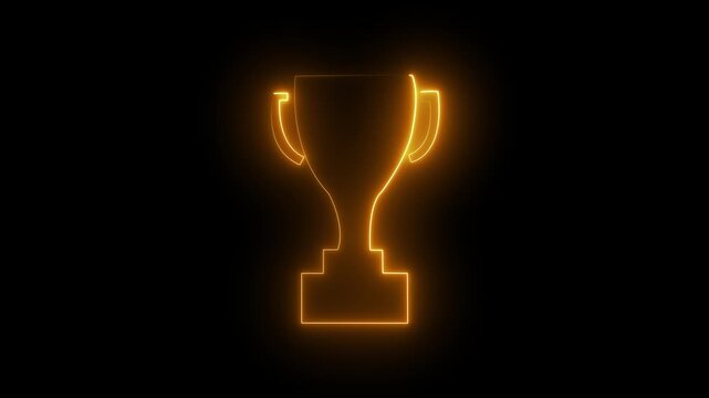Neon world champion trophy icon animation, glowing winner cup symbol for victory and achievement on black background.