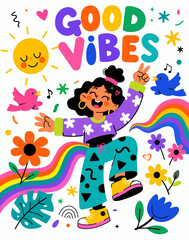Fototapeta premium Colorful Good Vibes Motivational Poster with Cute Cartoon Character, Rainbow, Flowers and Playful Doodle Elements