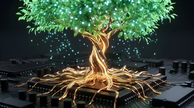 Golden tree with glowing roots on circuit board