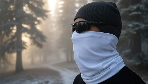 East Asian athlete wearing a blank white neck gaiter on a misty mountain trail