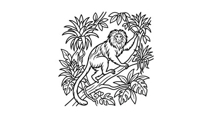 Obraz premium Minimalist Black and White Line Drawing of a Lion Tailed Macaque Monkey Sitting Amongst Tropical Leaves and Branches