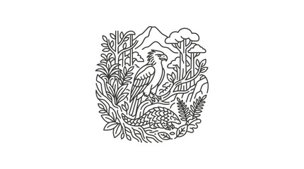 Obraz premium Modern Black and White Line Art of Eagle Preying on Snake in Forest Setting with Trees and Clouds