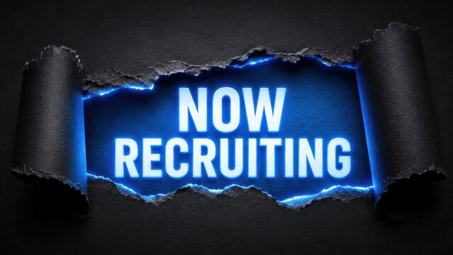 now recruiting text glowing neon blue through torn black paper background concept for hiring employees.