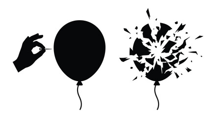 A hand puncturing a balloon and its subsequent explosion depicted as a black silhouette balloons bursting © Mama