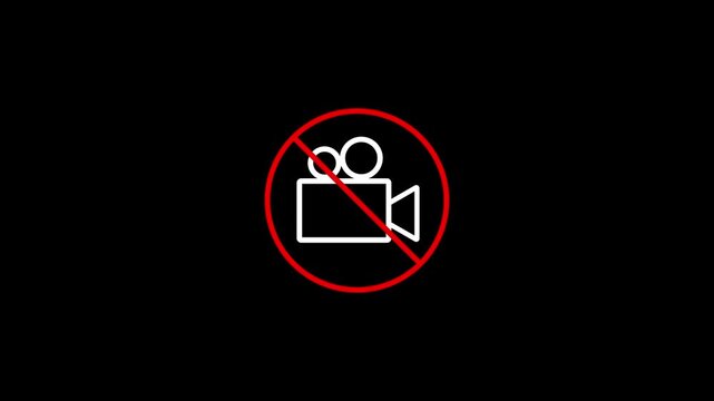 No Video Recording Icon with Camera Prohibition Sign, Video Call Disabled Symbol, Privacy Protection, Recording Restriction and Security Warning Isolated on black Background.