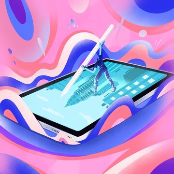Digital Artist Drawing on Giant Tablet with Stylus