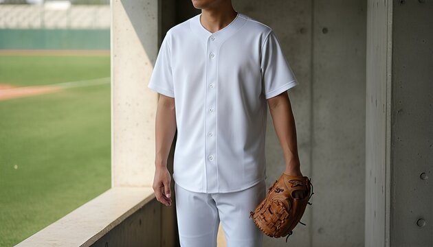East Asian man wearing a blank white baseball jersey in a sunlit modern dugout