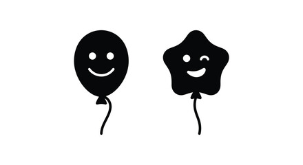 Fototapeta premium Two smiling balloon silhouettes with simple faces and strings on a white background silhouette balloons party