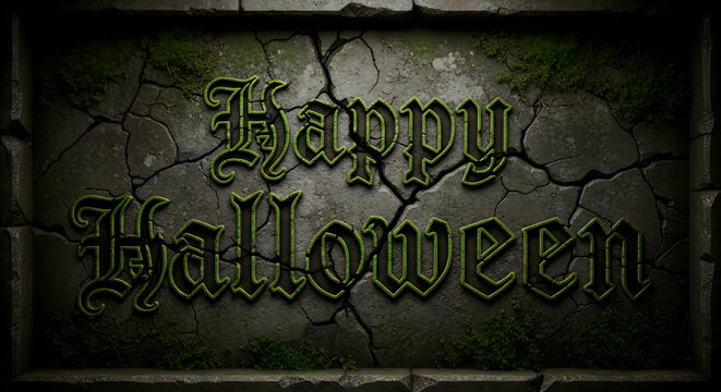 Spooky happy halloween greeting carved into a dark cracked stone surface