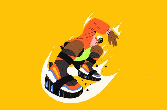 Dynamic Streetwear Dancer in Crouching Pose on Yellow Background
