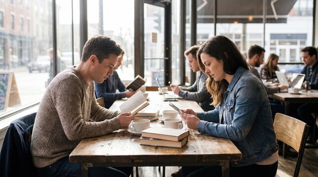 Couple reading books in a cozy caf? during a silent book club meeting