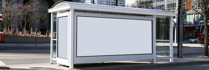 Obraz premium Blank Toronto bus shelter advertising display mockup. Blank white billboard poster display provides copy space at a downtown bus stop