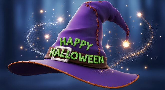 Purple witch hat with happy halloween text and magical glowing lights