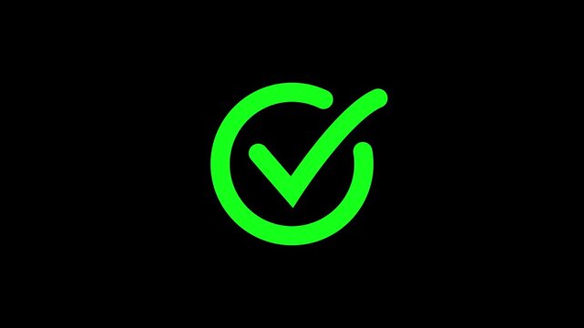 Green Check Mark Circle Icon, Approved Verification Symbol, Success Confirmation Badge, Completed Task Indicator, Validation Tick Sign Isolated on Black Background.
