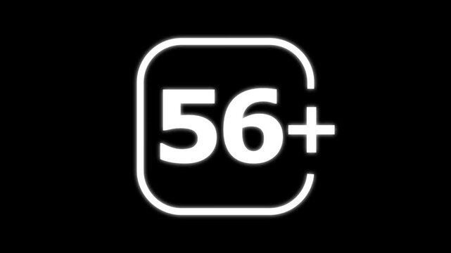 White fifty six plus age restriction isolated on a black background for rating systems and parental control labels for media
