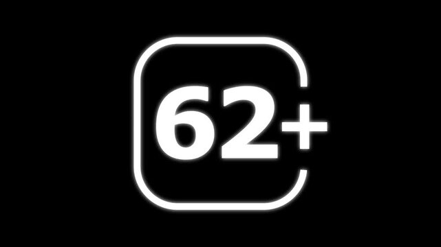 White glowing number sixty two with a plus sign inside a rounded square frame on a black background for age restriction or rating labels