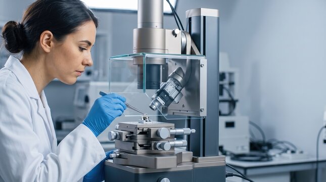 Young scientist positioning sample under electron microscope in laboratory