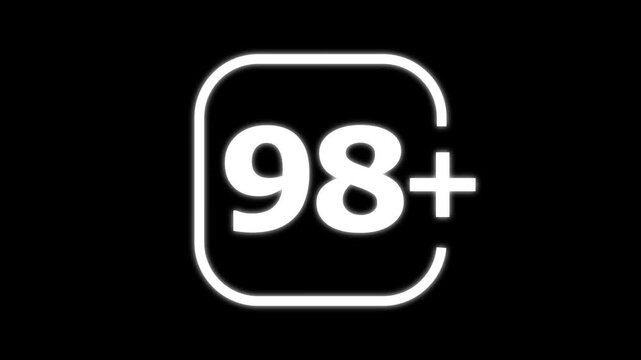 White glowing number ninety eight with a plus sign inside a rounded square frame isolated on a black background for digital notification interface