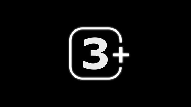 White number three inside a rounded square frame with a plus sign for age rating or classification on a solid black background