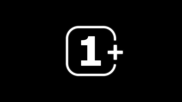 White number one inside a rounded square frame with a plus sign for age rating or classification on a solid black background