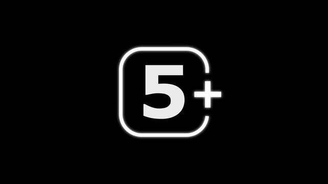 White number five inside a rounded square frame with a plus sign for age rating or classification on a solid black background