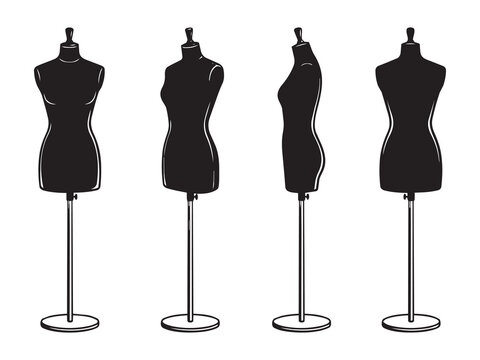 Black dressmaker mannequin torso stands set isolated on a white background for fashion design and tailoring shops.