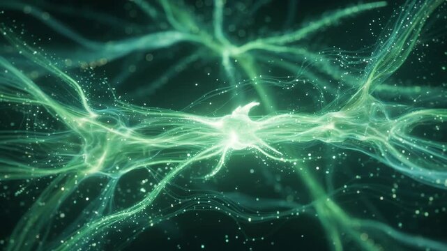Glowing green neural pathways with light and particles, abstract digital style on a dark background, symbolizing connectivity