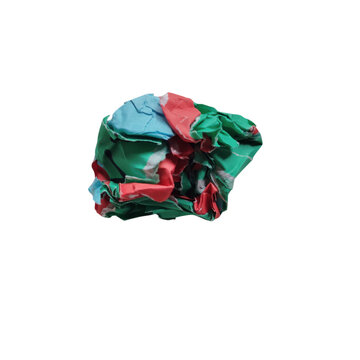 Crumpled colorful paper ball in red green and blue isolated on transparent background