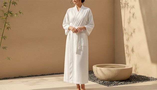 East Asian woman wearing a blank white long robe standing in a serene minimalist wellness spa