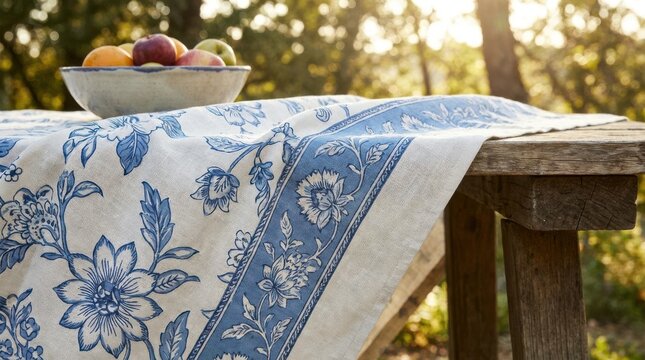 Rustic wooden table with blue floral tablecloth and bowl of fruit