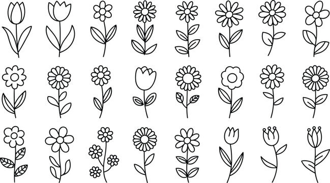 Minimalist flower line art vector set icon collection featuring simple cute doodle daisies tulips and botanical elements for design