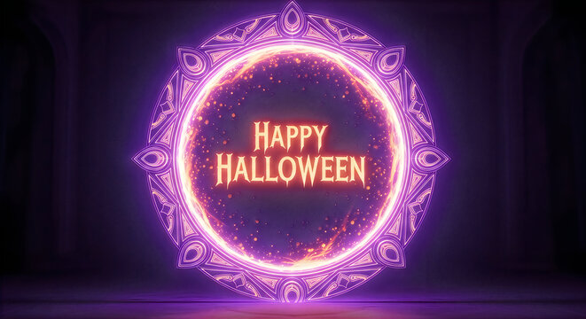 Happy halloween neon glowing frame with purple light and dark background
