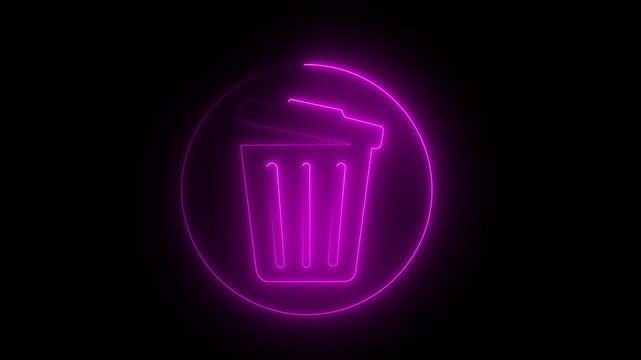 Neon glowing delete button icon animation on black background. Garbage bin symbol, recycle basket, and office trash icon design.