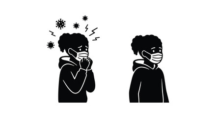 Child wearing a face mask with virus particles depicted as a black silhouette boy kid youth
