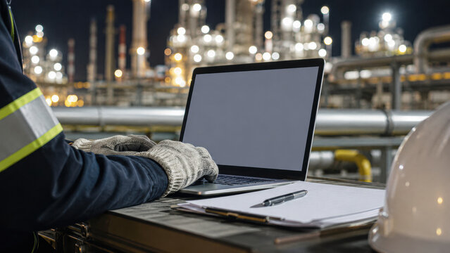 Worker using laptop at an industrial plant at night with protective gloves and safety helmet nearby on the table.