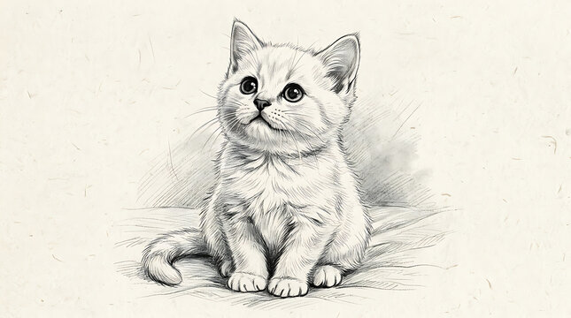 Cute white kitten hand drawn pencil sketch illustration sitting looking up isolated on textured paper background