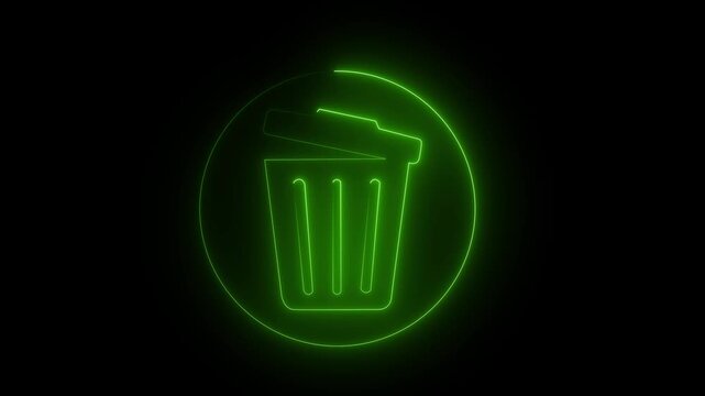 Neon glowing delete button icon animation on black background. Garbage bin symbol, recycle basket, and office trash icon design.