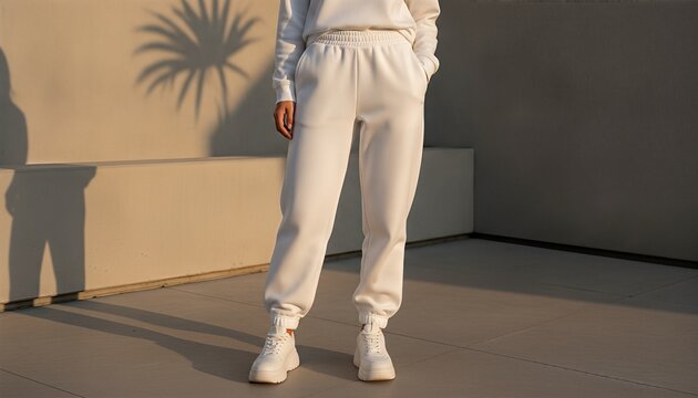 East Asian woman wearing blank white sweatpants standing on a minimalist concrete patio