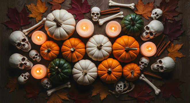 Top view of pumpkins and skulls for a spooky halloween background