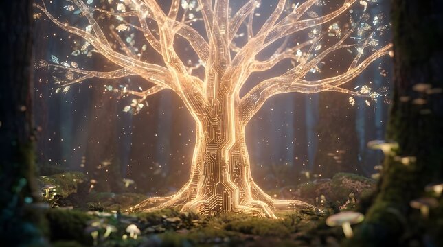 Glowing golden circuit tree in forest