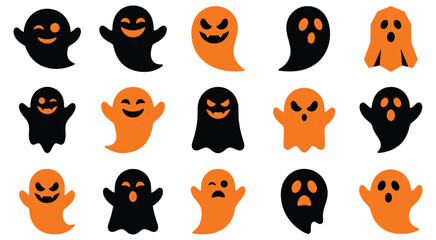 Obraz premium Set of cute cartoon ghosts in black and orange colors for halloween party decorations and digital stickers