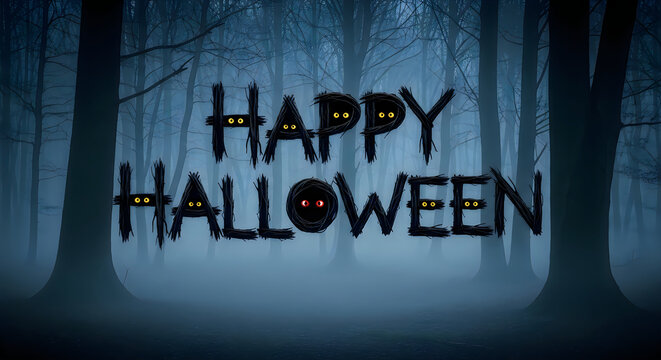 Spooky happy halloween text design set against a dark misty forest
