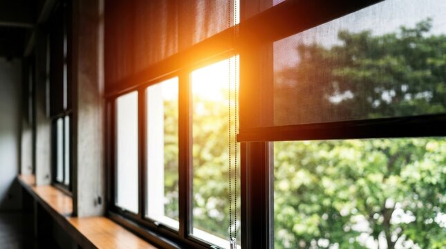 Sunlight streaming through a window with modern roller blinds