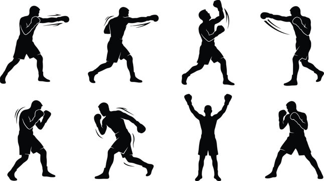 Boxer Silhouettes in Dynamic Punching and Defensive Poses for Sports and Competitive Design Concepts