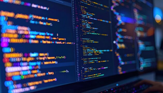 Multiple screens displaying vibrant lines of software programming code.