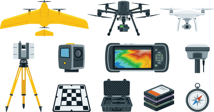 Professional Drone Surveying Equipment Collection with Fixed Wing UAV, Thermal Camera, GNSS Receiver, Laser Scanner, Ground Control Tools, and Mapping Vector Set